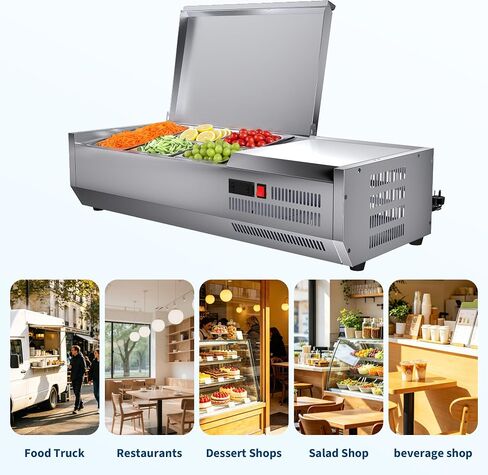 38" Commercial Refrigerated Condiment Prep Station with Stainless Steel Guard, 130W Countertop Refrigerated Salad Bar, Sandwich Prep Table with 1 x 1/3 Pans + 4 x 1/6 Pans, for Home, Restaurant in Kuwait