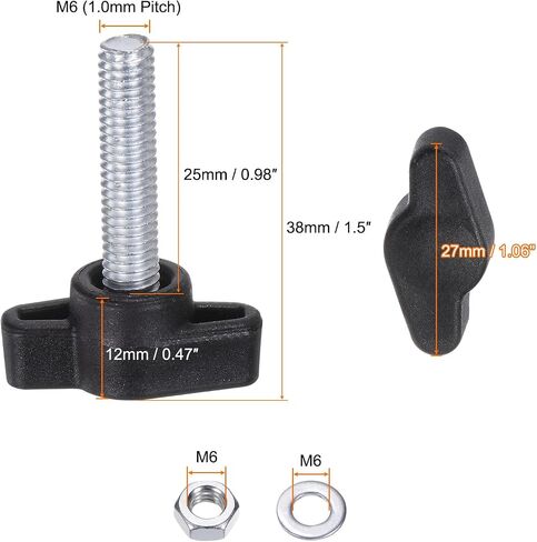 16pcs Tee Wing Knobs M6 x 25mm Metric Thread 27mm Z/T Head Plastic Handles Thumb Screws Hand Clamping Threaded Stud Knob Grip Thumbscrew with Nuts Washers, Black in Kuwait