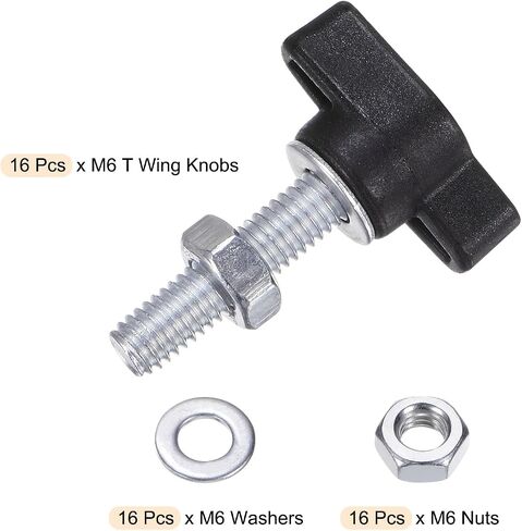 16pcs Tee Wing Knobs M6 x 25mm Metric Thread 27mm Z/T Head Plastic Handles Thumb Screws Hand Clamping Threaded Stud Knob Grip Thumbscrew with Nuts Washers, Black in Kuwait