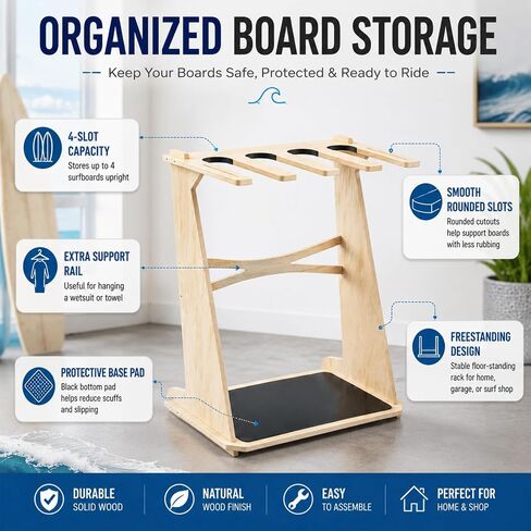 Leinuosen Surfboard Rack Stand Holder for 4 Boards, Vertical Wood Freestanding Storage Display for Longboard, Shortboard, Wakeboard, Sup Paddleboard, Snowboard, 40 Inch High in Kuwait