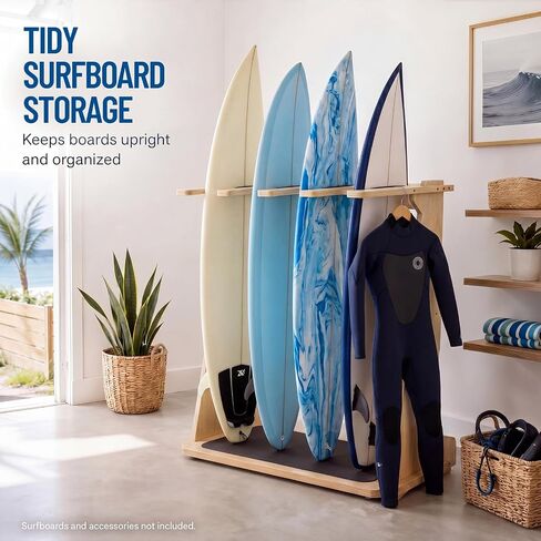 Leinuosen Surfboard Rack Stand Holder for 4 Boards, Vertical Wood Freestanding Storage Display for Longboard, Shortboard, Wakeboard, Sup Paddleboard, Snowboard, 40 Inch High in Kuwait