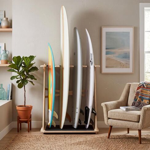 Leinuosen Surfboard Rack Stand Holder for 4 Boards, Vertical Wood Freestanding Storage Display for Longboard, Shortboard, Wakeboard, Sup Paddleboard, Snowboard, 40 Inch High in Kuwait