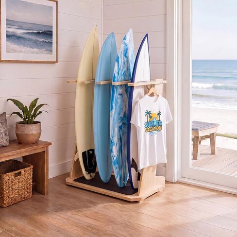 Leinuosen Surfboard Rack Stand Holder for 4 Boards, Vertical Wood Freestanding Storage Display for Longboard, Shortboard, Wakeboard, Sup Paddleboard, Snowboard, 40 Inch High in Kuwait