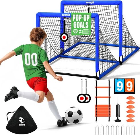 Kids Soccer Goal Set for Backyard, Portable Soccer Nets Set of 2 with Soccer Ball, Scoreboard, Agility Ladder, Cones and Target Nets, Indoor Outdoor Soccer Training Equipment for Boys and Girls in Kuwait