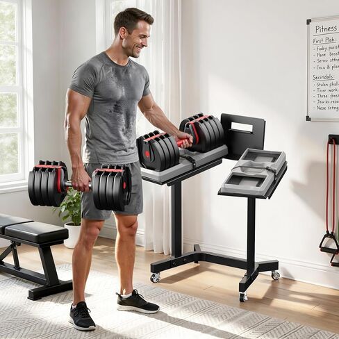 Adjustable Dumbbell Stand Rack with Tablet Holder and Wheels, Heavy Duty Rolling Organizer Cart for Home Gym (Rack Only) in Kuwait