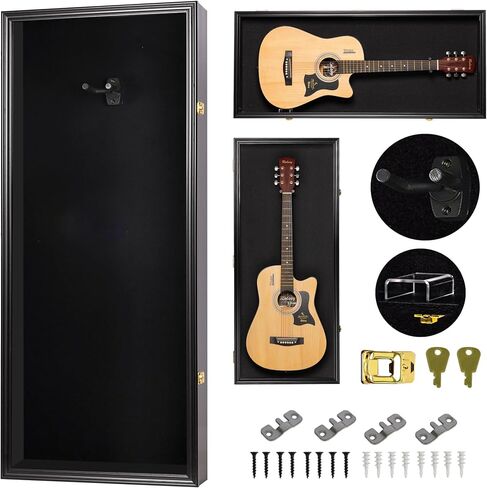 DisplayGifts Guitar Display Case 40 Inch – Wall Mountable Showcase for Electric/Acoustic Guitars, Vertical/Horizontal Use, UV Protection, Black Felt with Lock Interior 41.1" x 17.4" x 4", Black Finish in Kuwait
