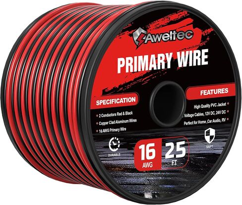 سلك قياس 16، سلك كهربائي للسيارات 16AWG 25FT، كابل أساسي بموصلين أحمر وأسود، سلك ألومنيوم مطلي بالنحاس لشرائط إضاءة LED، صوت السيارة، مكبرات الصوت، 12 فولت/24 فولت تيار مستمر in Kuwait