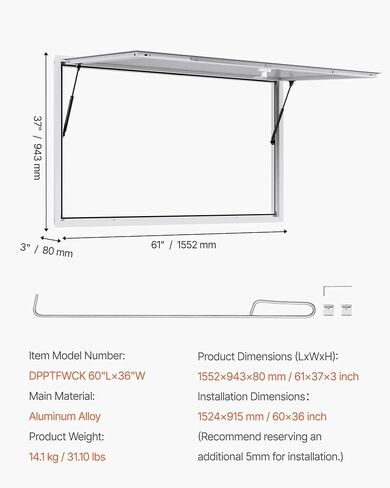 60 x 36 Inch Concession Service Window with Aluminum Alloy Frame, Up to 85 Degree Opening Serving Window Equipped with Awning Door and Drag Hook in Kuwait