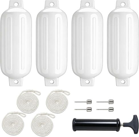 4 Pack 4.5"/6.5" Boat Fenders, Ribbed Twin Eyes Inflatable Marine Bumpers for Docking with 4 Ropes, 4 Needles and 1 Pump, Pontoon Boat Fenders for Yachts, Sailing Dinghies, Bass Boats in Kuwait