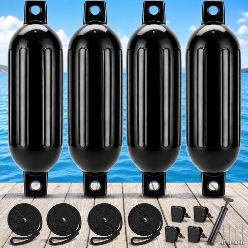 Black Boat Fenders for Docking 5.5."/6.5"/8.5" Inflatable Ribbed Marine Boat Fender with Fender Lines 6.5ft, Stainless Steel Fender Hanger Clips in Kuwait