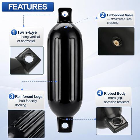 Black Boat Fenders for Docking 5.5."/6.5"/8.5" Inflatable Ribbed Marine Boat Fender with Fender Lines 6.5ft, Stainless Steel Fender Hanger Clips in Kuwait