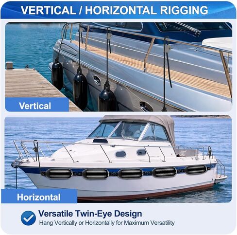 Black Boat Fenders for Docking 5.5."/6.5"/8.5" Inflatable Ribbed Marine Boat Fender with Fender Lines 6.5ft, Stainless Steel Fender Hanger Clips in Kuwait
