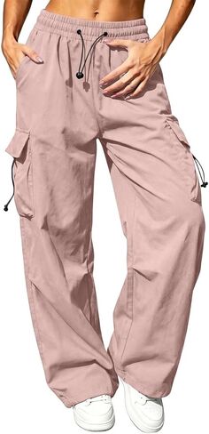Womens Parachute Cargo Pants Trendy Y2K Baggy Trouser Lightweight Wide Leg Casual Travel Camping Joggers with Pockets in Kuwait