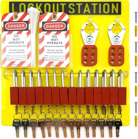 SAFBY Lockout Tagout Station Board Metal Kit with Lock Out Tag Out Loto 2 Hasps, 30 Tags, 30 Nylon Cable, 14 Locks with Number 1-14 (Yellow Lockout Station) in Kuwait