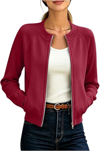 Women's Raglan Sleeve Zip Jacket Ribbed Collar Hem Coat with Pockets | Casual Lightweight Jacket Women in Kuwait