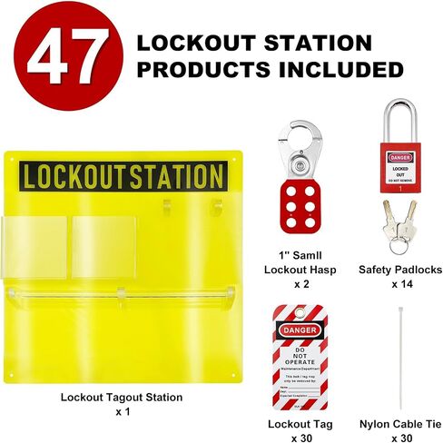SAFBY Lockout Tagout Station Board Metal Kit with Lock Out Tag Out Loto 2 Hasps, 30 Tags, 30 Nylon Cable, 14 Locks with Number 1-14 (Yellow Lockout Station) in Kuwait