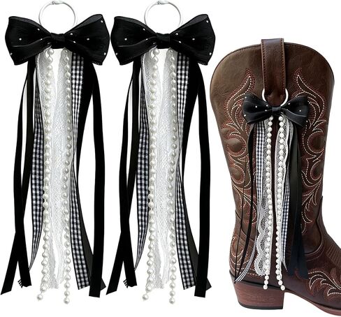 Black Bow Cowboy Boot Charms with Pearl Ribbons, 2PCS | Black ribbons with pearls & lace, 9.84in tall x 3.27in wide, fits cowboy boots, adds coquette western charm. in Kuwait