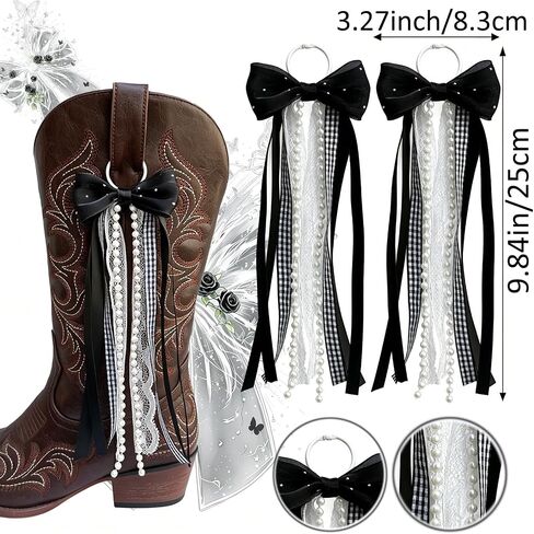 Black Bow Cowboy Boot Charms with Pearl Ribbons, 2PCS | Black ribbons with pearls & lace, 9.84in tall x 3.27in wide, fits cowboy boots, adds coquette western charm. in Kuwait