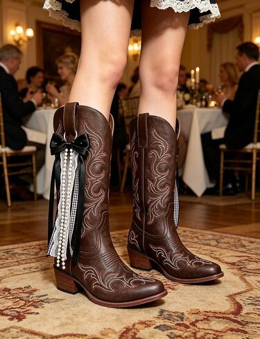 Black Bow Cowboy Boot Charms with Pearl Ribbons, 2PCS | Black ribbons with pearls & lace, 9.84in tall x 3.27in wide, fits cowboy boots, adds coquette western charm. in Kuwait