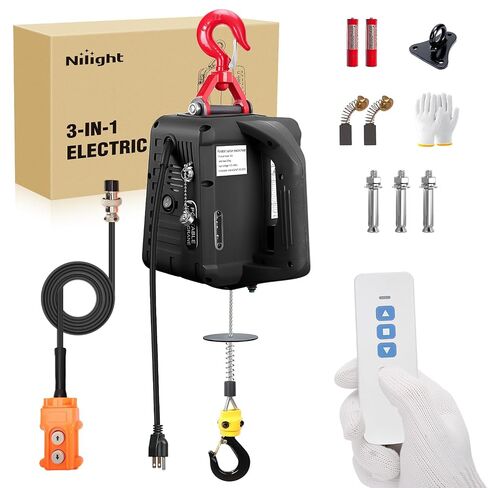 Nilight 3-in-1 Electric Hoist Winch, 1100LBS 1500W Portable Power Winch Crane with Manual Wired Wireless Remote Control, 110V Electric Winch 25FT Lifting Height for Garage Warehouses Factories, Black in Kuwait