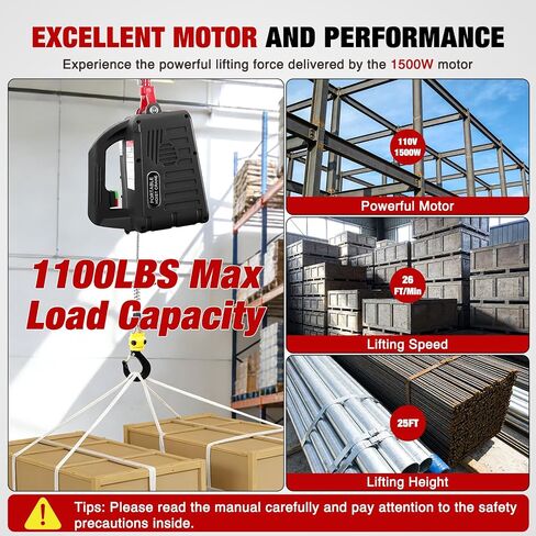 Nilight 3-in-1 Electric Hoist Winch, 1100LBS 1500W Portable Power Winch Crane with Manual Wired Wireless Remote Control, 110V Electric Winch 25FT Lifting Height for Garage Warehouses Factories, Black in Kuwait