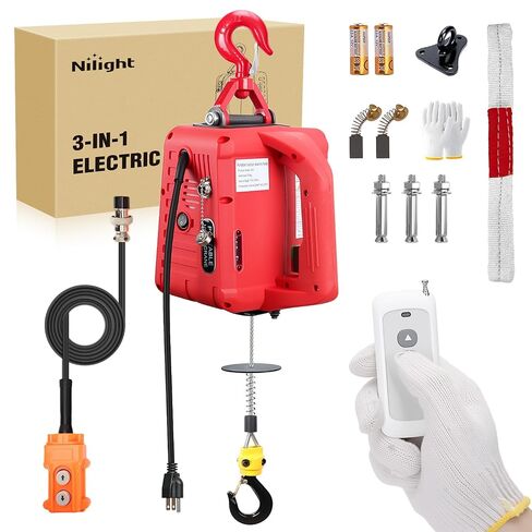 Nilight 3-in-1 Electric Hoist Winch, 1100LBS 1500W Portable Power Winch Crane with Manual Wired Wireless Remote Control, 110V Electric Winch 25FT Lifting Height for Garage Warehouses Factories, Black in Kuwait