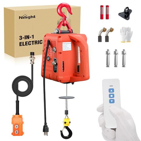 Nilight 3-in-1 Electric Hoist Winch, 1100LBS 1500W Portable Power Winch Crane with Manual Wired Wireless Remote Control, 110V Electric Winch 25FT Lifting Height for Garage Warehouses Factories, Black in Kuwait