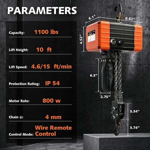 1100lbs Electric Chain Hoist, 110V Single Phase with 2 Speed | 10FT lifting height, 8.2ft wired remote, for garage/hotel/home use, steel chain hoist in Kuwait