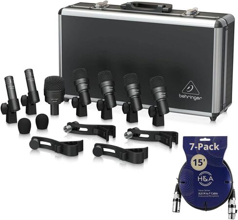 Behringer BC1200 Professional 7-Piece Drum Microphone Set for Studio and Live Applications Bundle with 7-Pack H&A XLR M To F Cables 15' in Kuwait