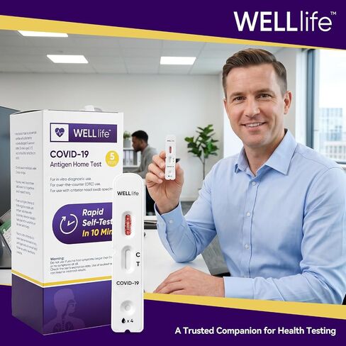 WELLlife COVlD-19 اختبار المستضد المنزلي، اختبارات كوفيد، 5 عبوات، النتائج في 10 دقائق | اختبار مسحة الأنف غير الجراحي بدون وصفة طبية، مناسب للأعمار من عامين فما فوق، مثالي للعائلة والمدرسة ومكان العمل وفحص السفر in Kuwait