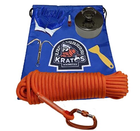 3,800 Pounds Combined Pull-Force - The Classic Titan 360 Magnet Fishing Kit - Gloves, Rope, 1 Carabiner, Hook, Bag, Threadlocker, Scraper, and a Titan Magnet in Kuwait