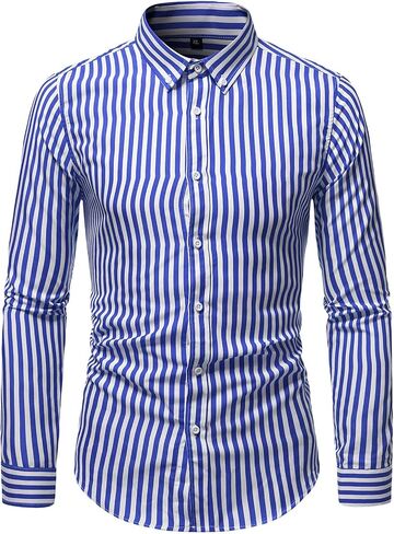 Maiyifu-GJ Men Striped Long Sleeve Button Down Shirts Lightweight Turn-Down Collar Slim Shirts Stylish Business Dress Shirts in Kuwait