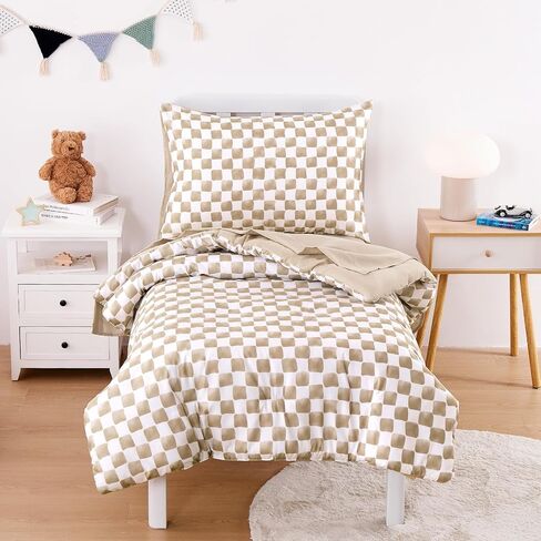 Wake In Cloud - Toddler Bedding Set for Boys Girls, Cute Gingham Grid Checkered, 4 Pieces Soft Crib Bed Set Including Comforter, Sheets and Pillowcase, Brown White in Saudi Arabia