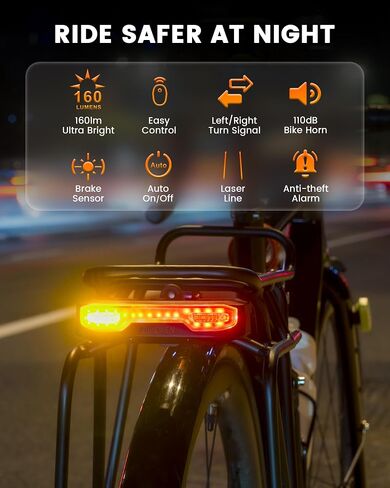 RAVEMEN Bike Tail Light with Turn Signals, 160 Lumens Rear Bicycle Light with Horn Alarm, Auto On/Off Brake Light, Ground Warning Lights for Seatpost and Cargo Rack, Night Riding Safety in Kuwait