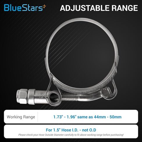 BlueStars 2-Pack 1.5" T-Bolt Hose Clamps with Working Range 44mm - 50mm, 304 Stainless Steel - Compatible with Automotive, Industrial, Marine, Household, Exhaust system, Turbo Intake, Intercooler Pipe in Kuwait