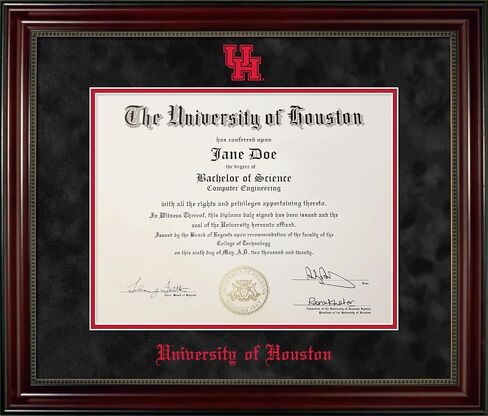 University of Houston Diploma Frame - Officially Licensed | Cherry Finish Wood with Bead Frame, Black Suede and Red Mats, Metallic Red Embossed School Logo and Olde English Lettering in Kuwait