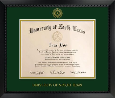 University of North Texas Diploma Frame - Officially Licensed - Matte Black Composite Eco-Friendly Treehugger™ Frame With Green and Gold Mats. Gold Embossed UNT School Seal and Wordmark Lettering in Kuwait