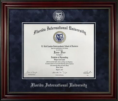 Florida International University Diploma Frame - Officially Licensed - Cherry Finish Wood with Bead Frame and Navy Suede Mats. Silver Embossed School Seal and FLIU Olde English Lettering. in Kuwait