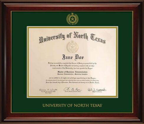 University of North Texas Diploma Frame - Officially Licensed - Glossy Mahogany Frame With Gold Acccent Lines. Green and Gold Mats. Embossed UNT School Seal and Wordmark Lettering in Kuwait