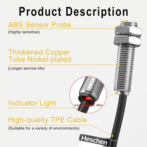 Heschen M8 Inductive Proximity Sensor Switch PR08-1.5DN Cylindrical Type Detector 1.5mm DC12-24V 3 Wire NPN NO(Normally Open) CE in Kuwait