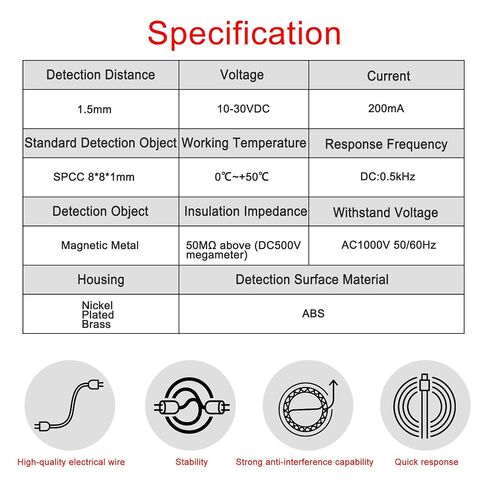 Heschen M8 Inductive Proximity Sensor Switch PR08-1.5DN Cylindrical Type Detector 1.5mm DC12-24V 3 Wire NPN NO(Normally Open) CE in Kuwait