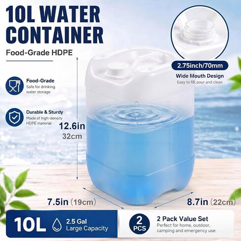2 Pcs 2.5 Gallon / 10 L Stackable Water Jug Food Grade Hdpe Water Container with Graduated Liquids and 70 mm Threaded Cap for Liquid Storage Mixing, Clear in Kuwait