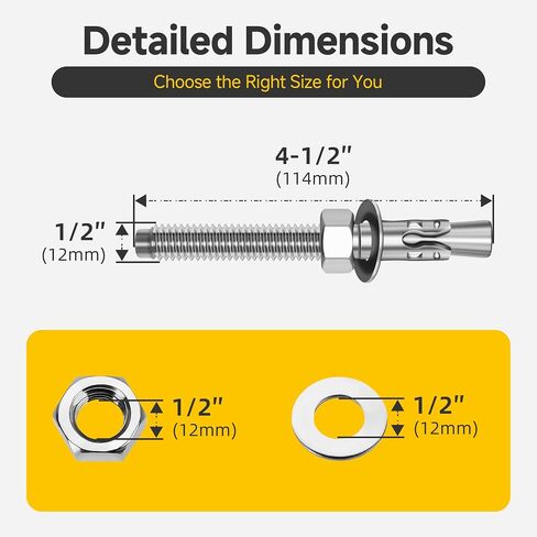 Mywish (25-Pack) 1/2" x 4-1/2" 304 Stainless Steel Wedge Anchors for Concrete and Cement, Plain Finish Heavy-Duty 1/2" Stainless Steel Masonry Anchors Bolts for Outdoor in Saudi Arabia