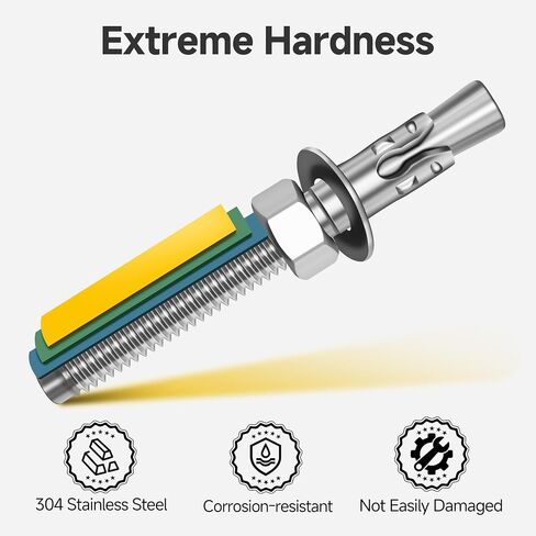 Mywish (25-Pack) 1/2" x 4-1/2" 304 Stainless Steel Wedge Anchors for Concrete and Cement, Plain Finish Heavy-Duty 1/2" Stainless Steel Masonry Anchors Bolts for Outdoor in Saudi Arabia