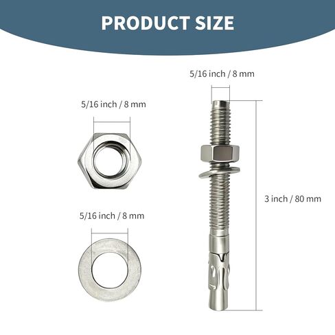 5/16" X 3"304 Stainless Steel Wedge Concrete Anchors, Heavy Duty Expansion Bolts, Anti-Rust Masonry Fasteners Complete Kit with Screws Nuts Washers, 10Pack in Saudi Arabia