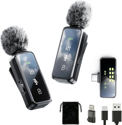 Wireless Lavalier Microphone, 12H Lapel Microphone with Digital Display & Smart Noise Cancellation, Mini Clip On Mic for iPhone Android Type-C, Recording Mic for YouTube TikTok Vlog Podcast Interview in Saudi Arabia
