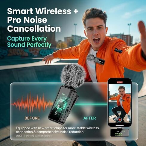 Wireless Lavalier Microphone, 12H Lapel Microphone with Digital Display & Smart Noise Cancellation, Mini Clip On Mic for iPhone Android Type-C, Recording Mic for YouTube TikTok Vlog Podcast Interview in Saudi Arabia