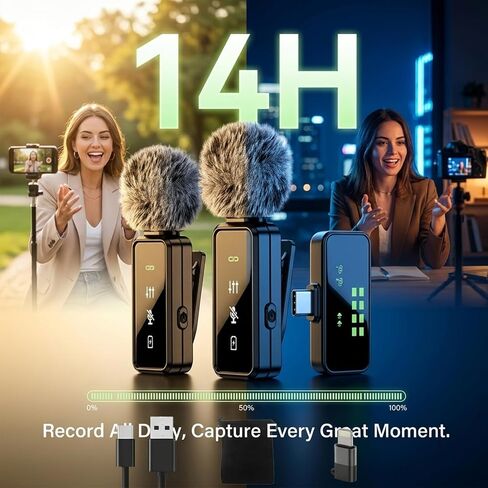Wireless Lavalier Microphone, 12H Lapel Microphone with Digital Display & Smart Noise Cancellation, Mini Clip On Mic for iPhone Android Type-C, Recording Mic for YouTube TikTok Vlog Podcast Interview in Saudi Arabia