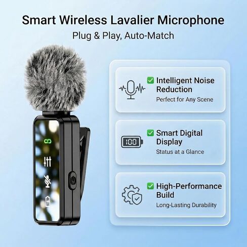 Wireless Lavalier Microphone, 12H Lapel Microphone with Digital Display & Smart Noise Cancellation, Mini Clip On Mic for iPhone Android Type-C, Recording Mic for YouTube TikTok Vlog Podcast Interview in Saudi Arabia