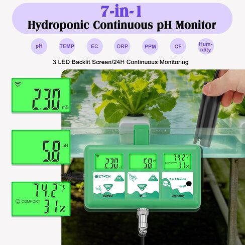 pH Monitor Hydroponic Continuous 7 in 1 EC pH TDS CF ORP Monitor, WiFi Continuous Monitoring pH EC PPM Humidity Temp Meter of Aquaponic, DWC Hydroponic System, Aeroponic Garden in Saudi Arabia